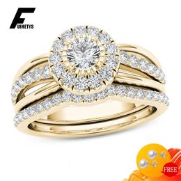 Wedding Rings Trendy 925 Silver Jewellery Ring Round Shape Zircon Gemstone Finger Rings for Women Wedding Engagement Party Accessory Gold Colour 231128