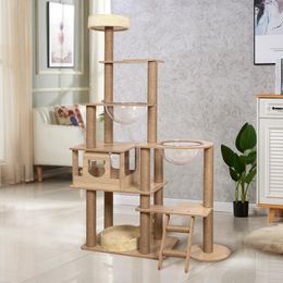 Scratchers MultiLayers Cat Tree Wooden Cat Tower With Sisal Scratching Post Pet Cats Private Condo Hammocks and with Dangle Toy Ball