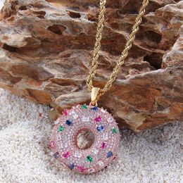 Iced Out Colorful Donuts Pendant Necklace Fashion Mens Womens Couples Hip Hop Rose Gold Necklaces Jewelry284h