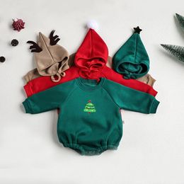 Rompers Baby Bodysuit Christmas Embroidery Santa Clause Baby Clothing Crawling Clothes With Plush And Thick Hats 231129