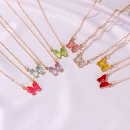 Sweet Crystal Butterfly Pendant Necklace for Women Colourful Fantasy Glass Clavicle Chain New Jewellery Gift for Girlfriend