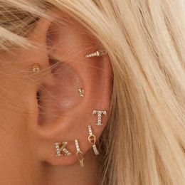 High Quality 1Pair of Cute Mini 925 Sterling Silver Geometric English Letters Stud Earrings for Women Gold Alphabet Zircon Studs G256p