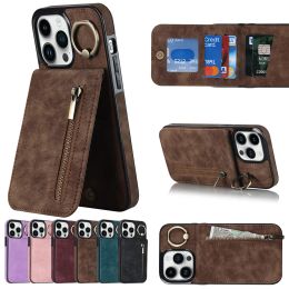 Zipper Cards Holder Leather Wallet Phone Case For iPhone 14 15 Pro Max 12 11 13Mini XS X XR 8 7 Plus Anti-drop Kickstand Cover with Ring Holder