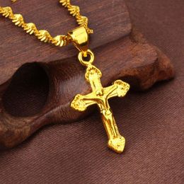 Classic Style Small Cross Pendant 18k Yellow Gold Filled Women Men Crucifix Pendant Chain276R