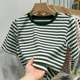 Women's T Shirts Striped Cotton T-shirts Girls Short Sleeve Vintage Round Collor Slim Crop Tops Women Stretchy Summer Tees TShirt