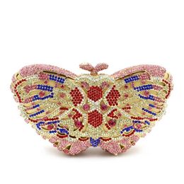 Beautiful Butterfly Pink Rhinestone Crystal Women Evening Clutch Purse Gold Metal Gemstone DesignerDinner Clutches Handbags296l