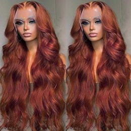Synthetic Wigs Lace Wig with Brown Red Long Curly Hair Highlight Red Body Wave Wigs