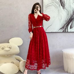 Casual Dresses S-3XL Elegant Autumn Red Lace Flower Maxi Dress Women V Neck Single Breasted Lantern Sleeve Long Party Vestido With Belt