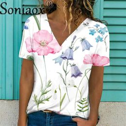 Women's TShirt V Neck Loose Pullover Female 2023 Summer Comfortable Casual Plant Flower Print Tee Korean Style Short Sleeve Tops 230428