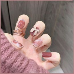 False Nails 24Pcs Nude Color Nail Tips Women Wearable Fake Press On With Diamond Short Round Full Cover Artificial Glue