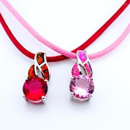 Pendant Necklaces Fashion Silver Plated Bohemia Women Birthday Party Garnet Fire Opal Leather Cord Rope Chain Necklace OP011