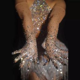 Fingerless Gloves Women Sparkly Crystal Mesh Long Gloves Dancer Singer Nightclub Dance Stage Show Accessories Luxurious Stretch Rhinestones Glove 231128