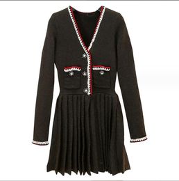 1122 L 2023 Runway Dress Autumn Dress V Neck Black Long Sleeve Brand Same Style Empire Womens Dress Fashion qianhe
