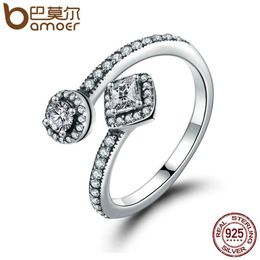 Bamoer 100% 925 Sterling Silver Round & Square Dazzling Cz Open Finger Ring For Women Wedding Engagement Jewellery Anel Pa7626 Y19052576