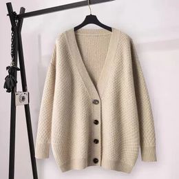 Womens Sweaters Winter 100% pure wool cardigan Women Vneck solid Colour loose cashmere sweater jacket thickened 231129