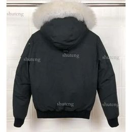 Winter Down Jackets Mens Black Ballistic Bomber Jacket Slim on Waist Short Coats with Hooded White Fox Fur Collar Scissors on the Arm 437