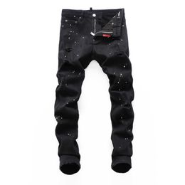 Fall/Winter Hole Breaking Elastic Washed Patch Skinny Nightclub Fashion Black D2 Jeans Men's Pants