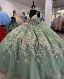 Mint Green Sparkly Quinceanera Dresses Luxury Applique Floral Lace-up Corset Prom vestidos de 15 quinceanera 2024