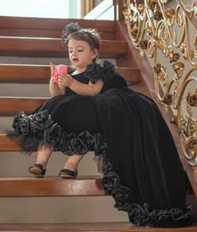 Girl Dresses Black Luxurious Flower Hand Made Flowers Velvet Little Lwedding Communion Pageant Special Occasions Gift