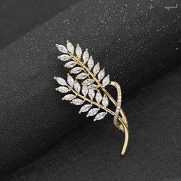 Brooches Women Girls Pretty Ear Of Wheat Copper Lapel Pins Full Clear Zircon Paved Olive Branch Brass Dress Clothes Jewelry