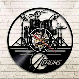 Guitar Drums Set Silhouette LED Backlight reloj Music Modern Vinyl Watch 3d Wall Clock horloge Band Member Fan Handmade Gift 21040189l