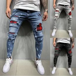 QNPQYX Street Hole Mens Jeans Rip Slim fit Stretch Denim Distress Frayed Biker Jeans Boys Embroidered Patterns Pencil Trousers