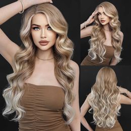 Synthetic Wigs Gradient Beige Side Split Large Wave Women's Long Curly Hair Lace Synthetic Wig Set Lace Wig