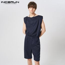 Pants INCERUN 2023 American Style New Men Striped Onepiece Rompers Casual Fashion Male Hot Sale Comfortable Sleeveless Jumpsuit S5XL