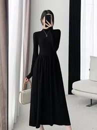 Casual Dresses Autumn Winter Warm Slim Pullovers Sweater Dress Fashion Knitting Cotton Women Long Sleeve Black Elegant A-line Midi
