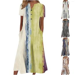 Casual Dresses V Neck Pattern Print Short Sleeve Botton Block Dress With Pocket Long Maxi Teacher