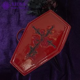 Evening Bags MBTI Harajuku Gothic 2023 Punk Coffin Handbags For Women Red Patent Leather Cross Rose Embroidered Cosmetic Bag Suitcase 231128