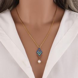 Chains GSOLD Multicolor Glassed Beads Rhombus Pendant Necklace Pixel Style Women Fashion Freshwater Pearl Earrings Set