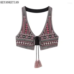 Women's Tanks KEYANKETIAN Summer Ethnic Style Embroidered Fringe Lace-Up Tank Top Women Bohemian Vacation Cropped Corset Crop