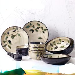 Dinnerware Sets European And American Ceramic Bowl Creative Hand-painted Rice Plate Bamboo Leaf Soup Salad Retro