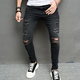 Men's Skinny jeans Casual Slim Biker Jeans Denim Knee Holes Tassel Distressed hiphop Ripped Pants Washed Fashional Middle Weight Pencil Pants