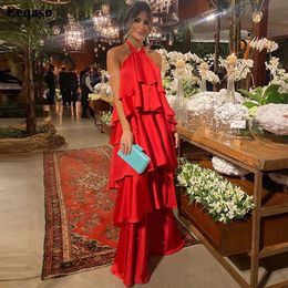 Party Dresses Eeqasn Red Satin Arabic Evening Dresses Tiered Women Long Halter Backless Sexy Special Party Gowns Formal Occasion Prom Dress W0428
