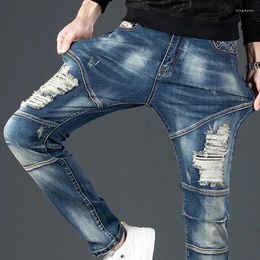 Men's Jeans Trendy Slim Washed Hole Design Fashion Party Pants Large Size Stretch Nostalgic Denim Motorcycle