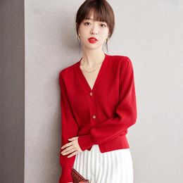 Women's Knits Red Knitted Cardigan V-neck Single Breasted Sweater Coat Autumn Winter Women Elegant Chic Slim Casual Short Wool Jacket C2663