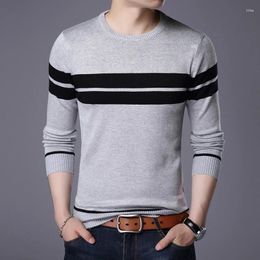 Men's Sweaters 2023 Autumn Winter Round Neck Thin Sweater Screw Thread Color Block Stripe Korean Fashion Long Sleeved Knit Top