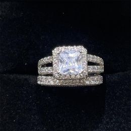 Choucong Women Fine Wedding Rings Luxury Jewellery Couple Real 925 Sterling Silver Princess Cut White Topaz CZ Diamond Gemstones Eng316Z