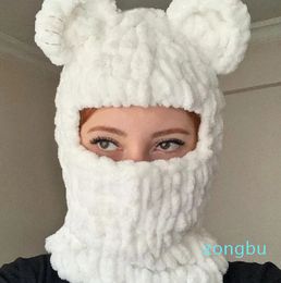 Beanie/Skull Caps Unisex Winter Beanie Cute Knitted Cartoon Bear Ears Funny Hat Thickened Warm Balaclava Neck Warm French Cover Hat
