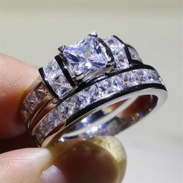Brand New Couple Rings Sparkling Luxury Jewelry 925 Sterling Silver Princess Cut 5A Zirconia Promise Party Women Wedding Bridal Ri291S