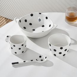 Dinnerware Sets Black Polka Dot Tableware Ceramic Bowl Spoon Mug Set Soup Dessert Salad Binaural Bowls Plates Cutlery