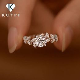 Wedding Rings 1carat Diamond Leaf Band for Women 925 Sterling Silver Plated 18k White Gold Promise Engagement Ring 231129