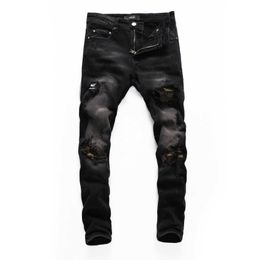 Men's torn patch jeans Youth slim black motorcycle pants