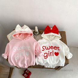 INS Baby love heart letter printed rompers toddler kids Bows hooded long sleeve jumpsuits infant girls velvet thicken warm climb clothes Z5643