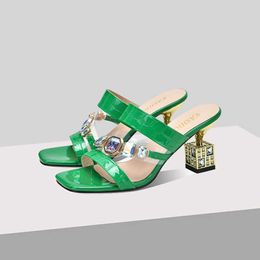 Sandals Green PU Leather Fretwork Heels Women Slippers Pointed Rhinestone NonSlip Designer Slides Fashion Comfor Slip On Party Shoes J230428