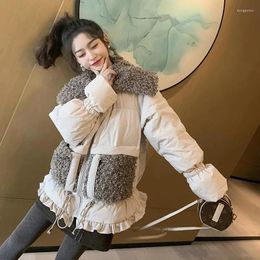 Women's Trench Coats Cute White Patchwork Lambswool Women Parkas 2023 Winter Thick Loose Ruffle Sweet Outerwears Female Fashion Overcoat