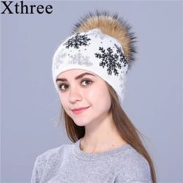 BeanieSkull Caps XTHREE natural mink pom poms wool rabbit fur knitted hat Christmas snow Skullies winter for women girls feminino 231128