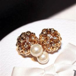 Bling Bling ins fashion designer double sided super glittering full rhinestones hollow crystals pearl stud earrings for woman184A